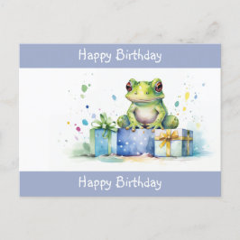 かわいい緑のカエルとラッピングされたプレゼントの誕生日 ポストカード