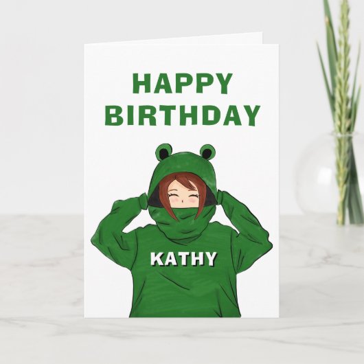 かわいい緑のカエルフードを着た少女の絵 誕生日 カード (正面)