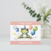 かわいい緑のカエル誕生日の風船付き ポストカード (スタンド正面)