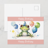 かわいい緑のカエル誕生日の風船付き ポストカード (正面/裏面)