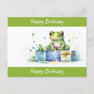 かわいい緑のカエル誕生日プレゼントでラッピングされた贈り物 ポストカード