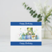 かわいい緑のカエル誕生日プレゼントでラッピングされた ポストカード (スタンド正面)