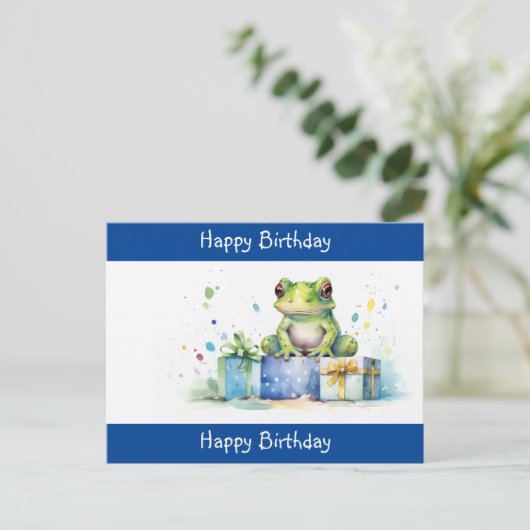 かわいい緑のカエル誕生日プレゼントでラッピングされた ポストカード (スタンド正面)