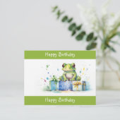 かわいい緑のカエル誕生日プレゼントでラッピングされた ポストカード (スタンド正面)