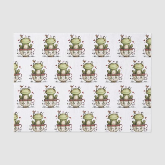 かわいい緑のカエル ティーカップ 幻想的なパターン 薄葉紙 (正面)