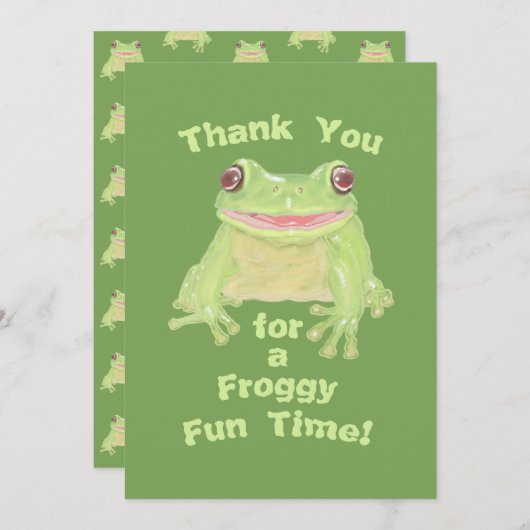 かわいい緑のカエル - 子供の誕生日パーティー サンキューカード (正面/裏面)