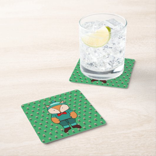 かわいい緑のキツネ スクエアペーパーコースター (インサイチュ)