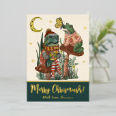 かわいい緑のキノコのカエルとイボタエル メリークリスマス 箔シーズンカード (立ち正面)