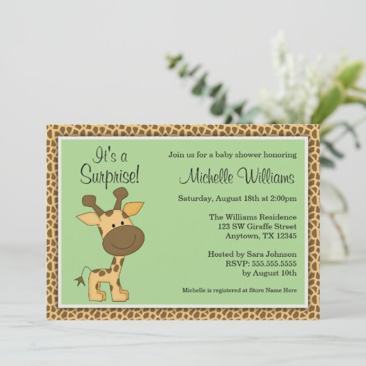 かわいい緑のキリン男女兼用のベビーシャワー 招待状 (スタンド正面)