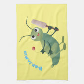 かわいい緑のクリケット昆虫漫画イラストレーション キッチンタオル (縦)