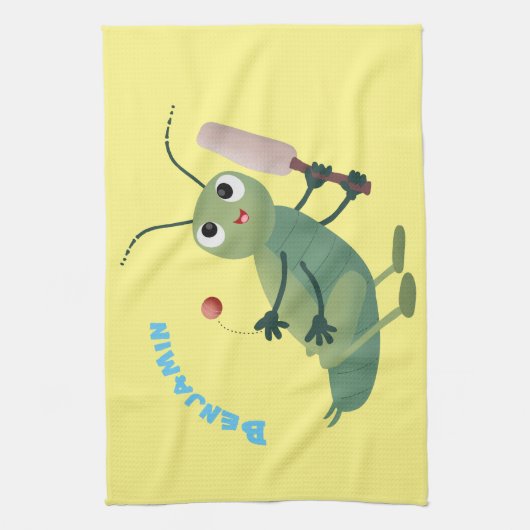 かわいい緑のクリケット昆虫漫画イラストレーション キッチンタオル (縦)