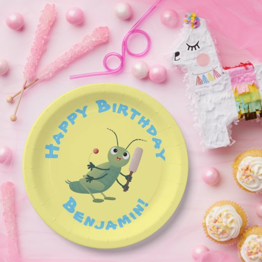 かわいい緑のクリケット昆虫漫画イラストレーション ペーパープレート (パーティー)