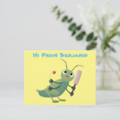 かわいい緑のクリケット昆虫漫画イラストレーション ポストカード (スタンド正面)