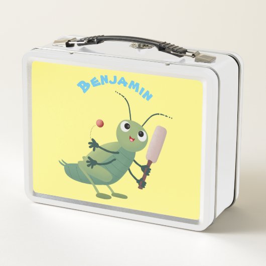 かわいい緑のクリケット昆虫漫画イラストレーション メタルランチボックス (裏面)