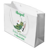 かわいい緑のクリケット昆虫漫画イラストレーション ラージペーパーバッグ (裏面アングル)