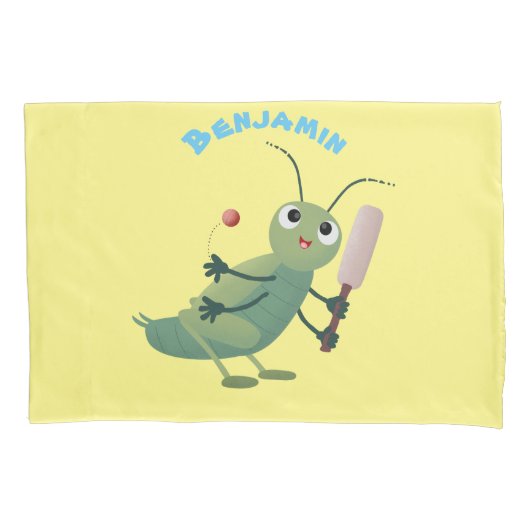 かわいい緑のクリケット昆虫漫画イラストレーション 枕カバー (正面)