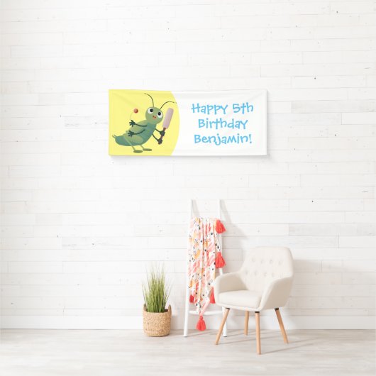 かわいい緑のクリケット昆虫漫画イラストレーション 横断幕 (インサイチュ)