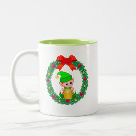 かわいい緑のクリスマスエルフとクリスマスリース ツートーンマグカップ