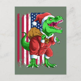 かわいい緑のクリスマスサンタTレックスティラノサウルスXmas シーズンポストカード