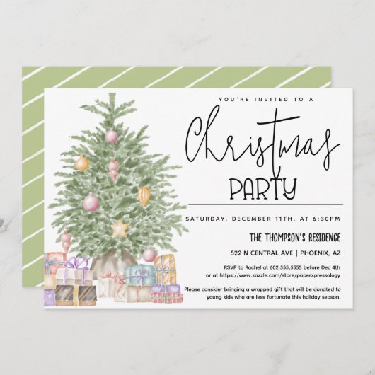かわいい緑のクリスマスパーティーホリデーツリーギフト 招待状 (正面/裏面)