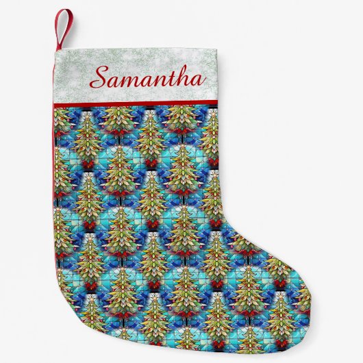 かわいい緑のグリッターステンドグラスのクリスマスツリーパターン スモールクリスマスストッキング (正面)