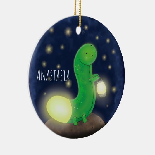 かわいい緑のグローの虫の漫画イラストレーション セラミックオーナメント (右)
