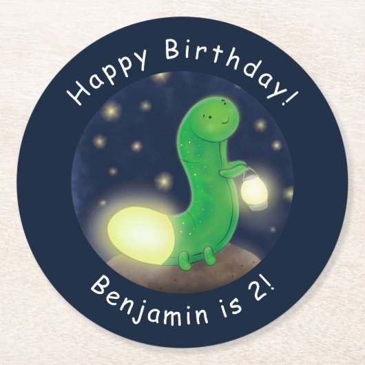 かわいい緑のグローの虫の漫画イラストレーション ラウンドペーパーコースター (正面)