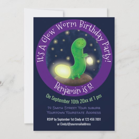 かわいい緑のグローの虫の漫画イラストレーション 招待状 (正面)