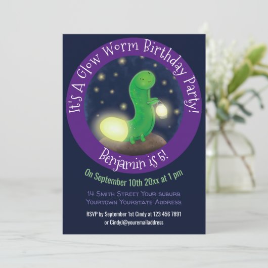 かわいい緑のグローの虫の漫画イラストレーション 招待状 (スタンド正面)