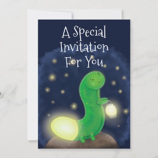 かわいい緑のグローの虫の漫画イラストレーション 招待状 (裏面)