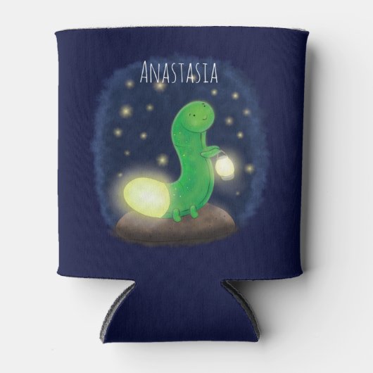 かわいい緑のグローの虫の漫画イラストレーション 缶クーラー (正面)