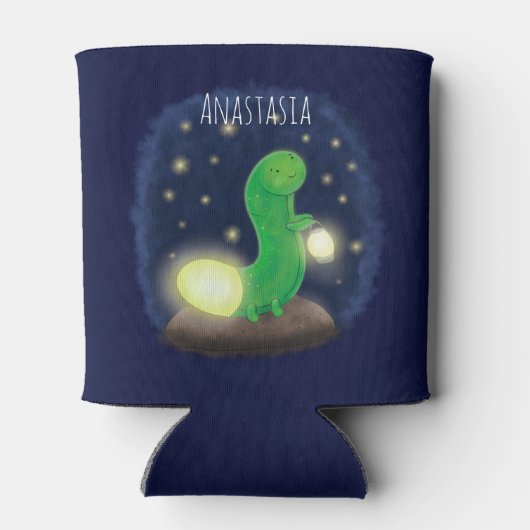 かわいい緑のグローの虫の漫画イラストレーション 缶クーラー (裏面)