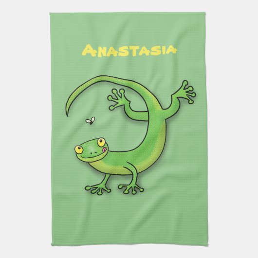 かわいい緑のゲッコトカゲ漫画イラストレーション キッチンタオル (縦)