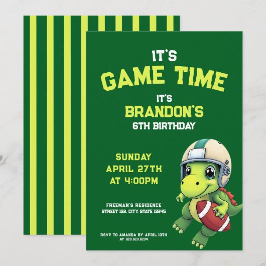 かわいい緑のサッカープレーヤー恐竜の子供の誕生日 招待状 (正面/裏面)