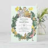 かわいい緑のサファリ動物の男の子の赤ちゃんシャワー 招待状 (スタンド正面)