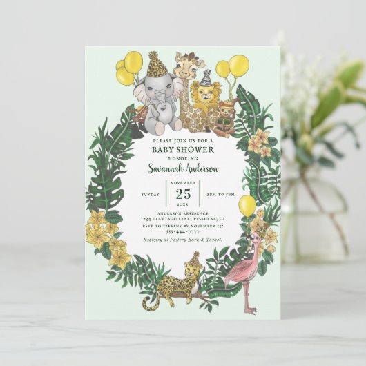 かわいい緑のサファリ動物の男の子の赤ちゃんシャワー 招待状 (スタンド正面)