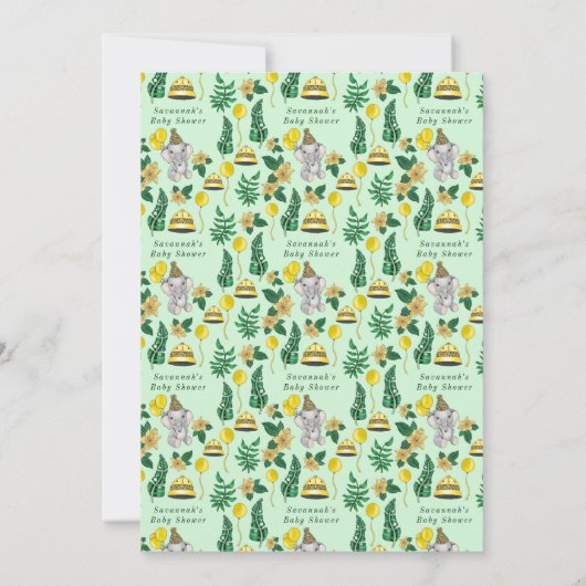 かわいい緑のサファリ動物の男の子の赤ちゃんシャワー 招待状 (裏面)