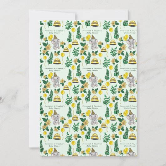 かわいい緑のサファリ動物カップルズベビーシャワー 招待状 (裏面)
