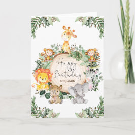 かわいい緑のジャングルサファリアニマルズハッピーバースデー カード