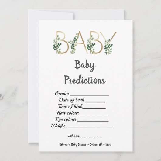 かわいい緑のスローガン赤ちゃんシャワー予測ゲーム 招待状 (正面)