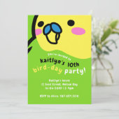 かわいい緑のセキセイインコの子供の10歳の誕生日パーティー 招待状 (スタンド正面)