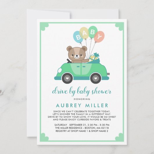 かわいい緑のテディベア車でベビーシャワー 招待状 (正面)