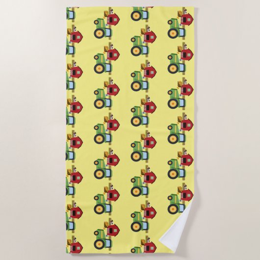 かわいい緑のトラクターおよび赤い納屋 ビーチタオル (正面)