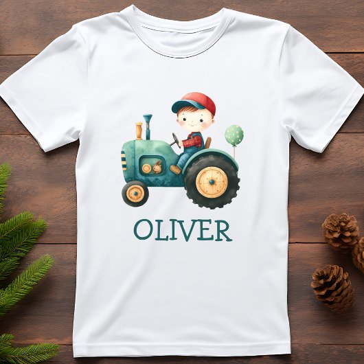 かわいい緑のトラクターの男の子用カスタムデザイン Tシャツ