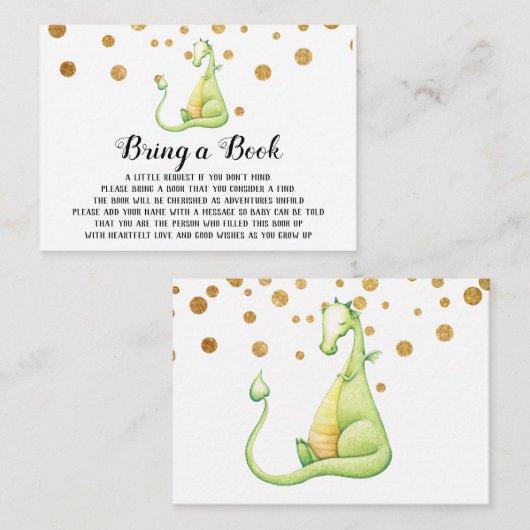 *~*かわいい緑のドラゴン赤ちゃんシャワーで本を持って来る エンクロージャーカード (正面/裏面)