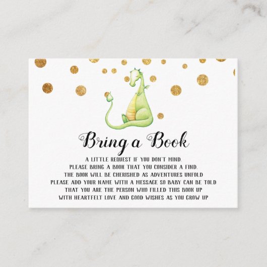 *~*かわいい緑のドラゴン赤ちゃんシャワーで本を持って来る エンクロージャーカード (正面)