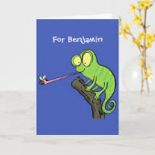 かわいい緑のハおもしろいッピーカメレオントカゲの漫画 カード (黄色い花)