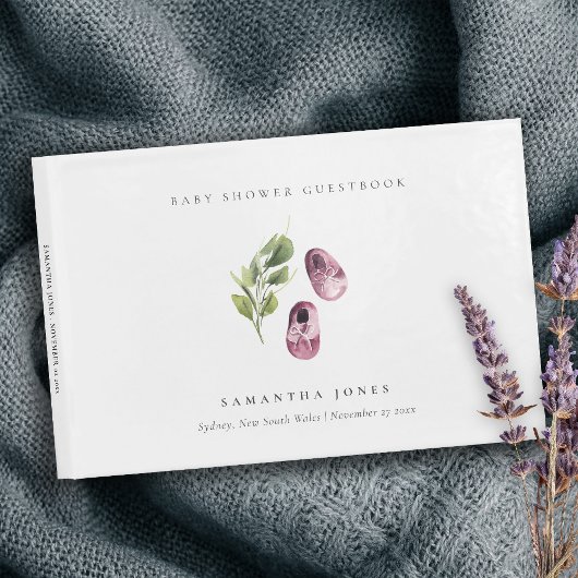 かわいい緑のピンクの女の子の靴の葉ベビーシャワー ゲストブック