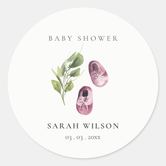 かわいい緑のピンクの女の子の靴の葉ベビーシャワー ラウンドシール (正面)