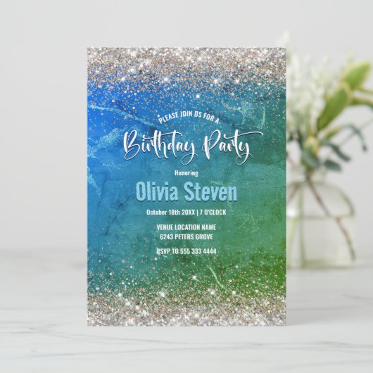 かわいい緑のフェイク金ゴールドグリッターモノグラム 招待状 (スタンド正面)